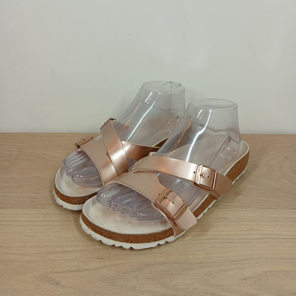 Birkenstock Yao Sandals Women 37 Rose Gold Metallic Faux Leather Strappy Buckle